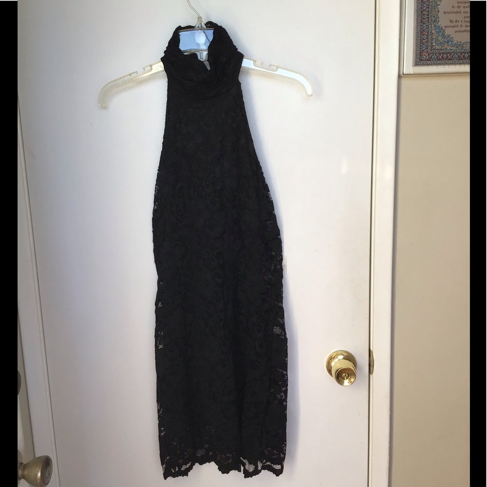 XXI turtle neck , lace , black mini dress